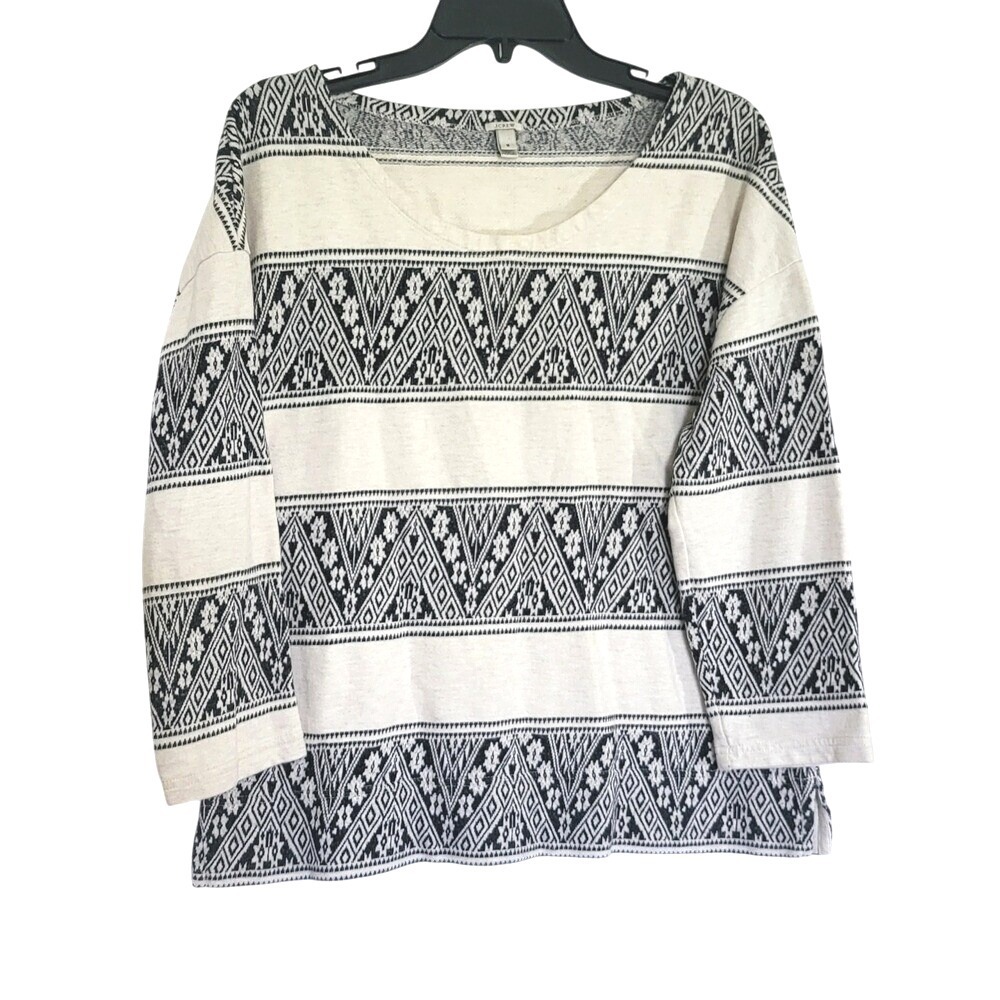 J Crew Womens Ivory Black Geometric Tribal Stripe 3/4 Sleeve Boho Sweater Medium